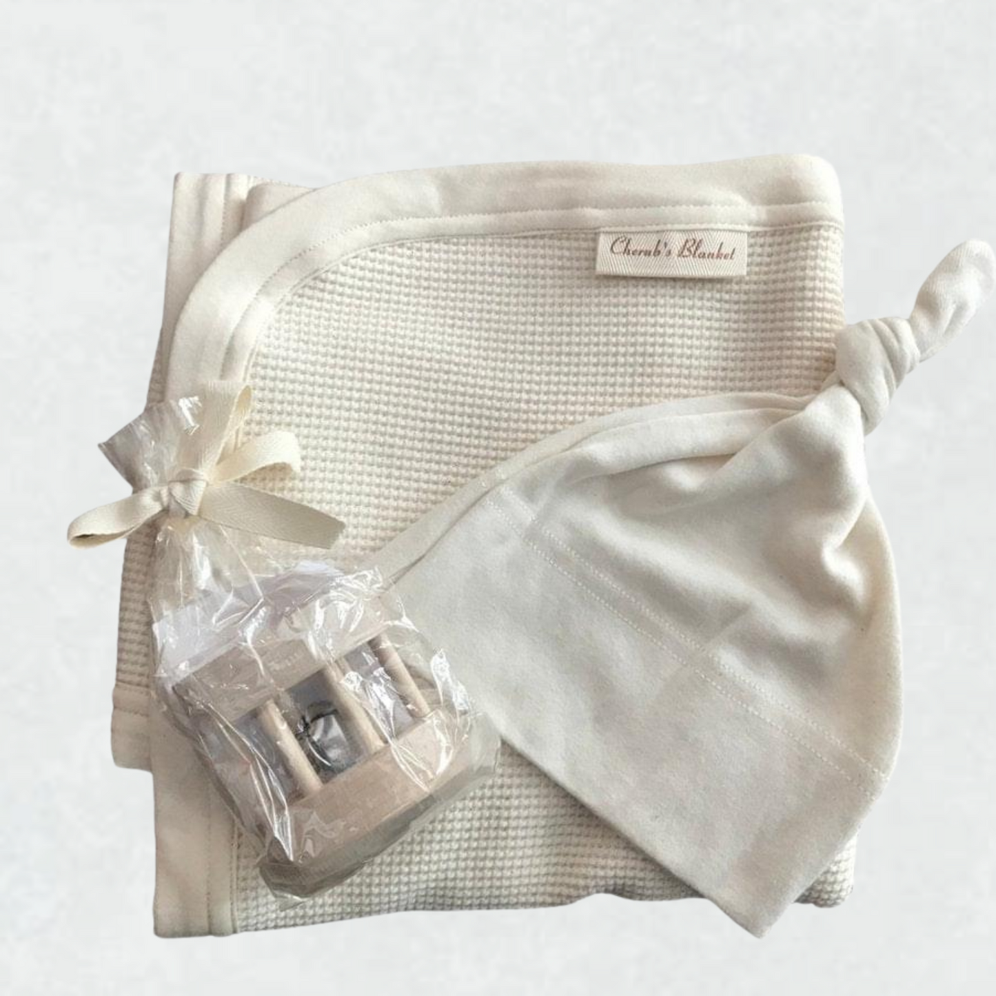 Organic Baby Shower Gift Set with Baby Blanket, Hat, and Wooden Rattle