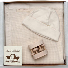 Load image into Gallery viewer, Organic Baby Shower Gift Set with Baby Blanket, Hat, and Rattle