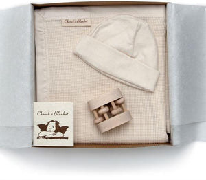 Organic Baby Shower Gift Set with Baby Blanket, Hat, and Rattle