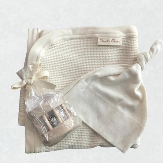 Organic Baby Shower Gift Set with Baby Blanket, Hat, and Wooden Rattle