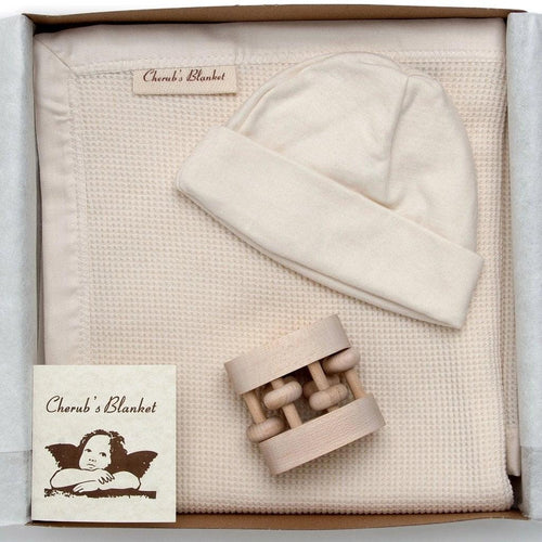 Organic Baby Shower Gift Set with Baby Blanket, Hat, and Rattle